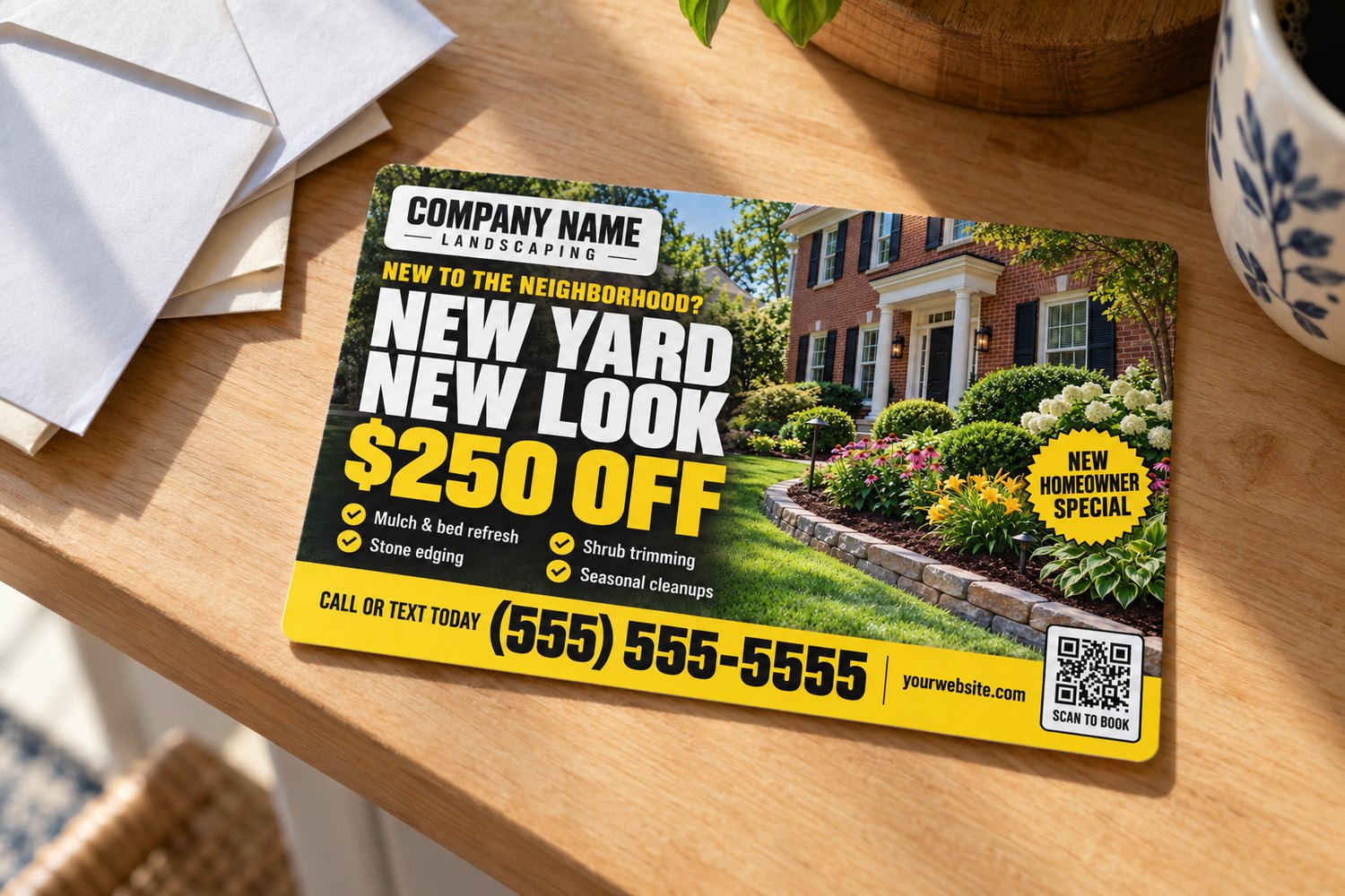 A printed Housewarm sample postcard with a placeholder logo and a welcome offer